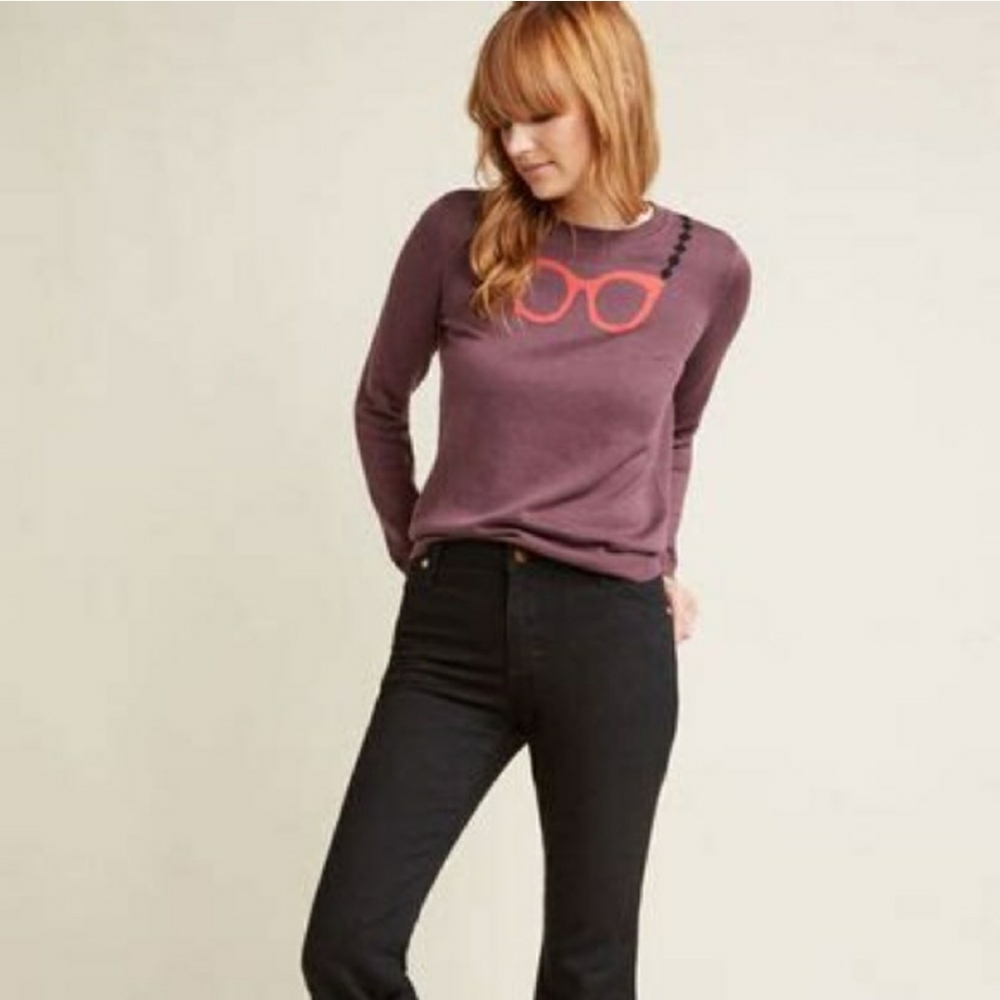 ModCloth Plum Sweater with Coral Glasses Motif